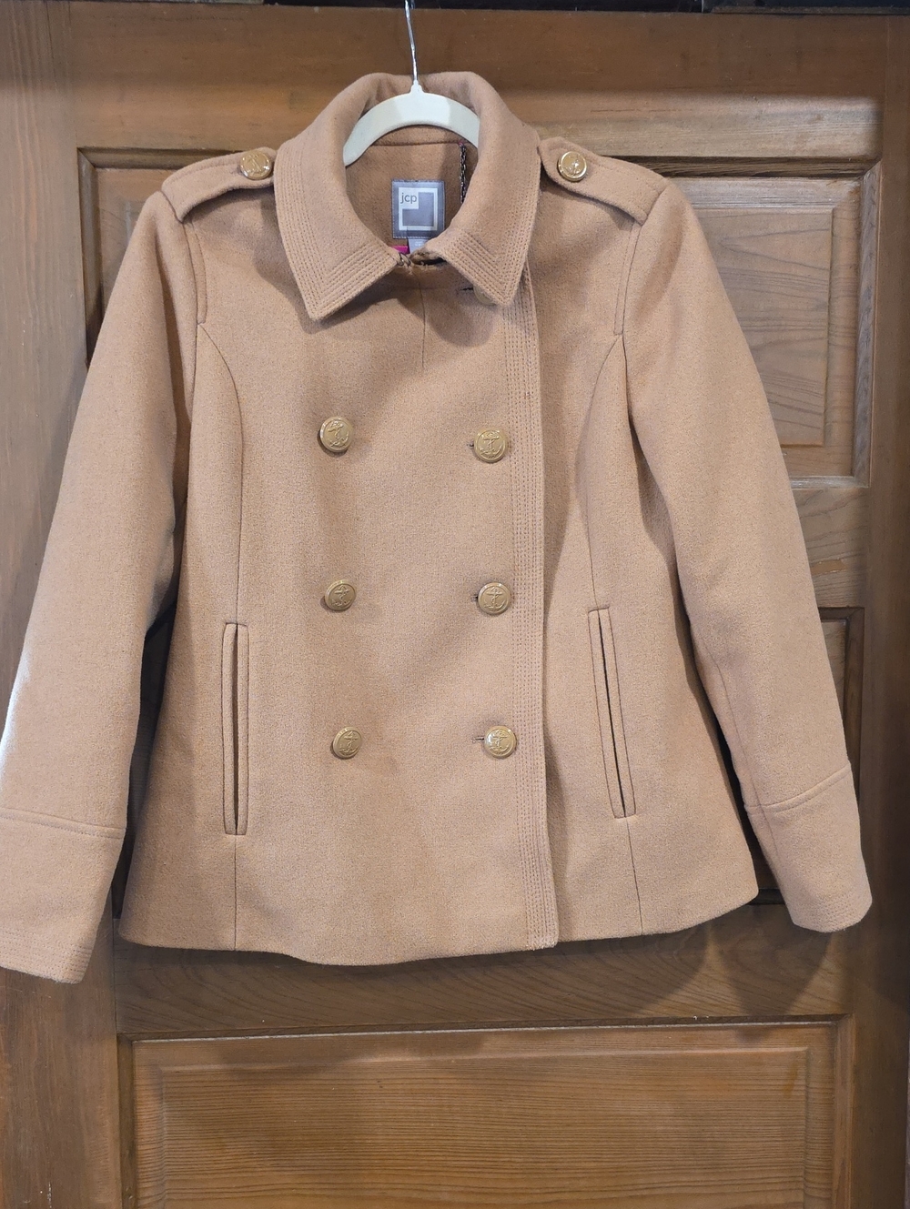 jcpenney Camel Tan Double-Breasted Peacoat with Gold Buttons